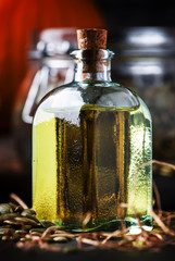 Healing pumpkin seed oil in glass bottle, dark table, selective focus