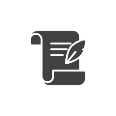 Parchment paper with feather vector icon. filled flat sign for mobile concept and web design. Literature simple solid icon. Writing symbol, logo illustration. Pixel perfect vector graphics