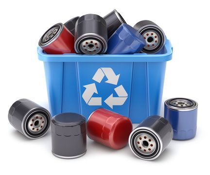 Car Oil Filters In Blue Recycle Crate On White Background