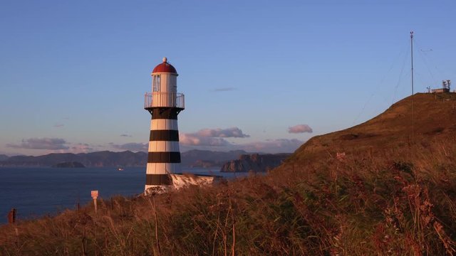 Petropavlovsky Lighthouse: oldest lighthouse in Russian Far East (founded in 1850), located on Cape Mayachny on Kamchatka on shore of Pacific Ocean, in neighborhood of Petropavlovsk-Kamchatsky City.