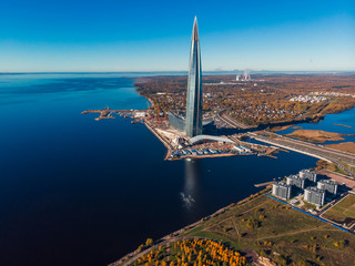 Saint Petersburg, RUSSIA - OCTOBER 1, 2018: Skyscraper Lakhta center Gazprom headquarters. Gulf of...