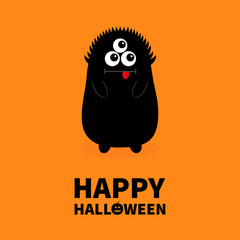 Naklejka premium Happy Halloween. Monster black silhouette. Open mouth. Three eyes, tongue, hands. Funny Cute cartoon baby character. Flat design. Orange background. Isolated.