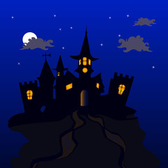Night illustration for the holiday of Halloween, Gothic castle on top of the mountain, where the moon and stars on a dark blue background,
