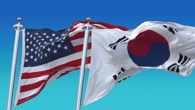 4k Seamless United States of America And South Korea Flags with blue sky background,A fully digital rendering,The flag 3D animation loops at 20 seconds,USA KOR.