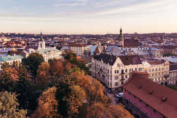 Obraz premium aerial view of sunset above european city