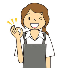 エプロンの女性　OKポーズ　ご案内　ご提案　笑顔　保母さん　主婦　料理　カフェ店員　お花屋さん