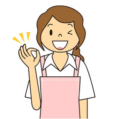 エプロンの女性　OKポーズ　ご案内　ご提案　笑顔　保母さん　主婦　料理　カフェ店員　お花屋さん