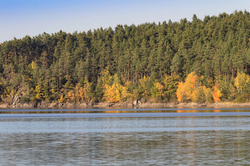 Detail of autumn trees with colorful leaves and water, Czech landscape