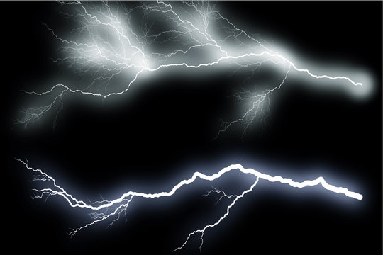 Set of lightnings. Vector illustration of realistic lightning thunderbolt on black background