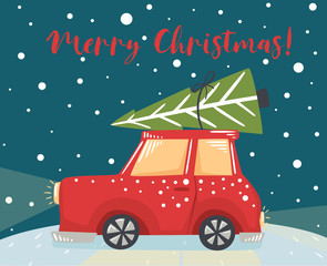 Christmas car with fir tree scandinavian card. New year delivery.