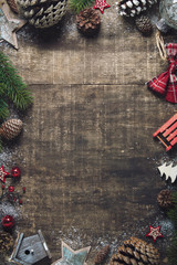 Christmas frame, wooden background
