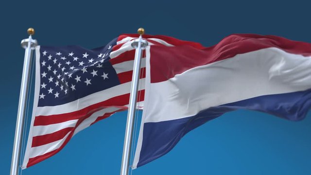 4k Seamless United States of America And Netherlands Holland Flags with blue sky background,A fully digNLl rendering,The flag 3D animation loops at 20 seconds,USA NL.