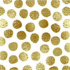 Golden circles . Bronze Polka dot. Gold glitter round background for the card, invitation. Copper Holiday Decorative element. Illustration of falling shiny particles on white background.