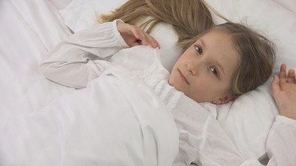 Thoughtful Child in Bed, Meditative Kid, Girl Can't Sleeping in Bedroom