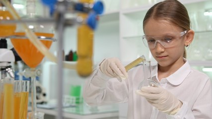 Child Making Chemical Experiment in School Lab, Student Girl Science, Kid Class