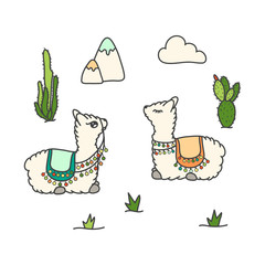 Cute cartoon lama vector illustration. Hand drawn. 