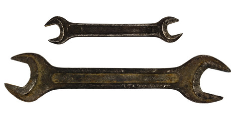 Old rusty spanners isolated on white background. wrench close up