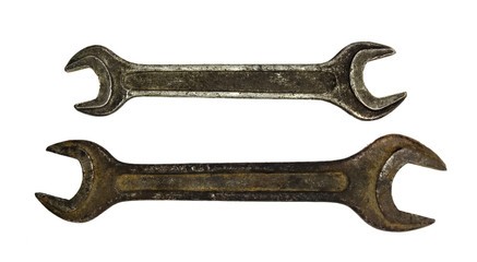 Old rusty spanners isolated on white background. wrench close up