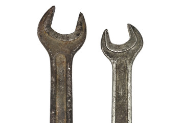 Old rusty spanners isolated on white background. wrench close up