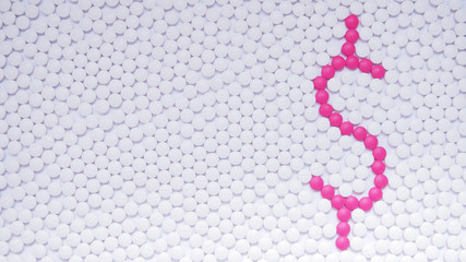 Dollar or money sign made by pink pills among many white tablet. Creative medicine idea for health care cost, accessing medicine problem, pharmacy business and economic concept. Top view. Copy space