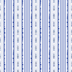 Blue and White Floral Stripes Background Vector Seamless Pattern. Modern Classic Geometric pattern. Monochrome Flowers