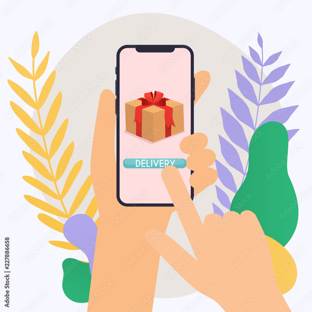 Poster hand holding mobile smart phone with delivery app. vector modern flat creative info graphics design 