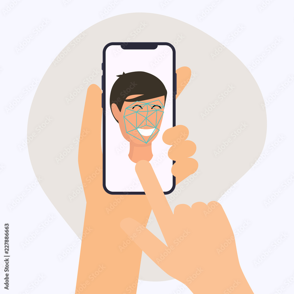 Poster hand holding mobile smart phone with face recognition app. vector modern flat creative info graphics