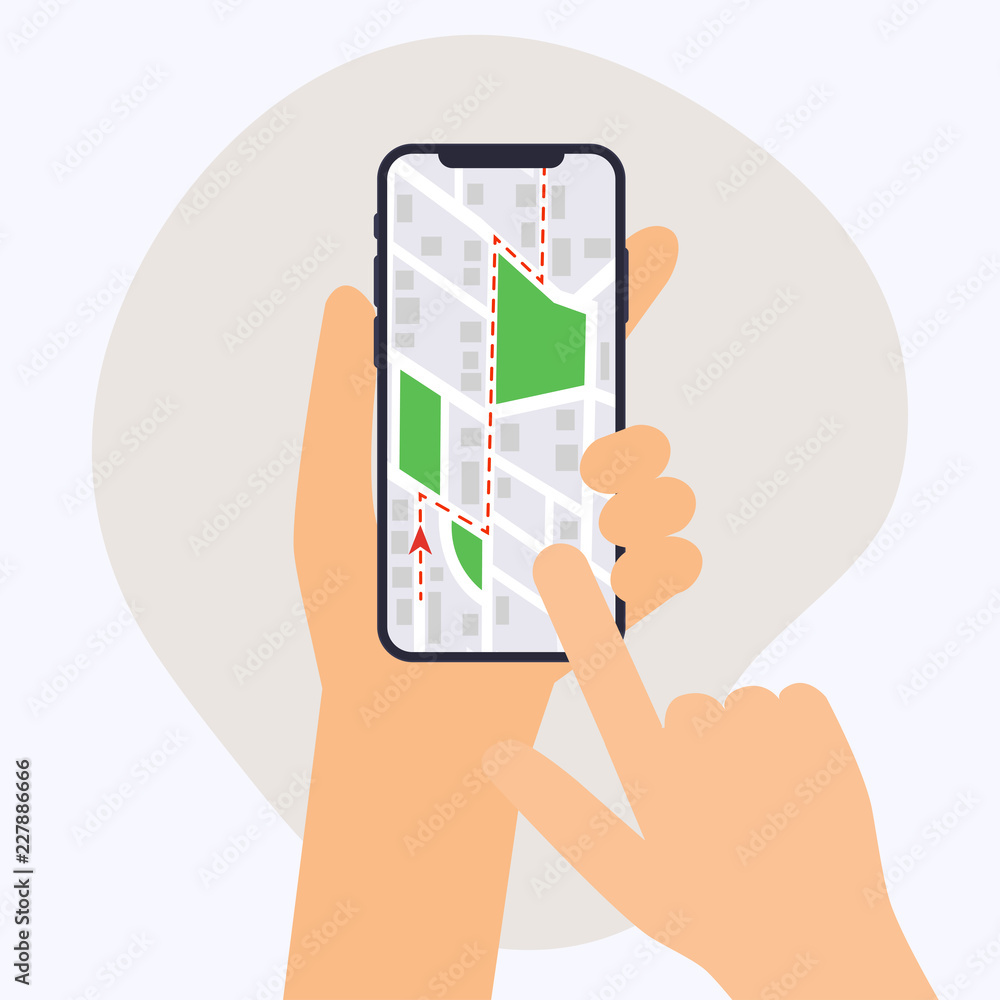 Poster hand holding mobile smart phone with gps app. map on smart phone. navigation concept. flat design mo