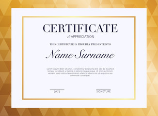 Certificate template with golden decoration element. Design diploma graduation, award. Vector illustration.