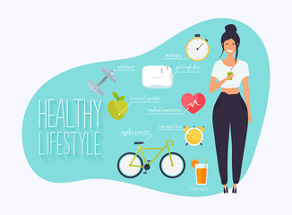 Concept of healthy lifestyle infographics. Young woman lead a healthy lifestyle. Icons for web: fitness, healthy food and metrics. Flat design vector illustration.