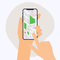 Hand holding mobile smart phone with gps app. Map on smart phone. Navigation concept. Flat design modern vector illustration concept.