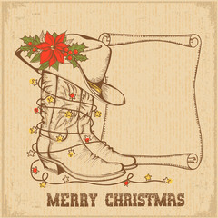 Western Christmas greeting card with cowboy traditional boots and scroll
