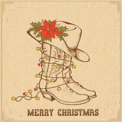Western Christmas greeting card with cowboy traditional boots and cowboy hat
