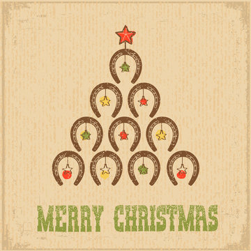 Western Christmas greeting card with Horseshoe Cowboy Christmas Tree