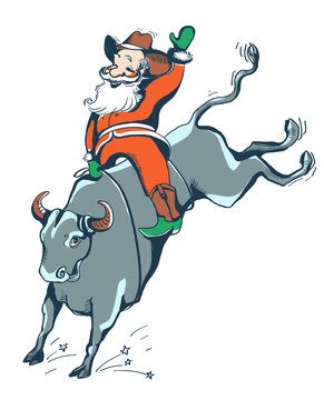 Cowboy Santa On The Rodeo.Western Rodeo Bull Riding Color Illustration