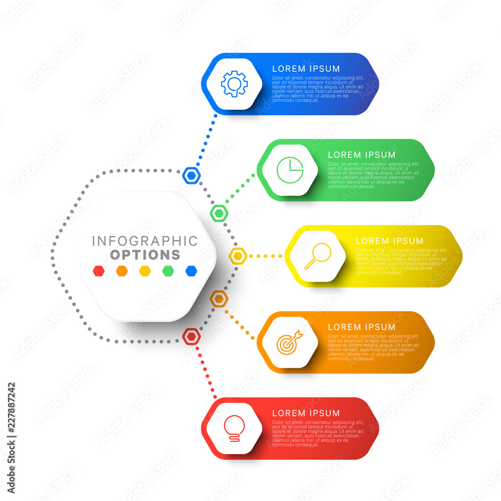 Poster five steps design layout infographic template with hexagonal elements. business process diagram for 