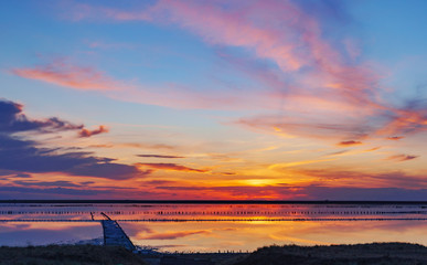 sunset on a pink salt lake, a former mine for the extraction of pink salt. row of wooden pegs overgrown with salt