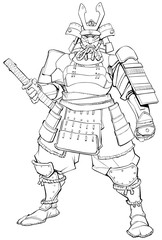 Fototapeta na wymiar Line art illustration of powerful Samurai warrior. 