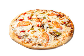 Fresh tasty pizza with tomatoes, olives, cheese, sausage and mushrooms isolated on white background.