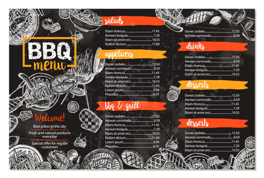 Barbecue Restaurant Menu. Template Design Of Bbq Brochure In Sketch Style On Chalkboard
