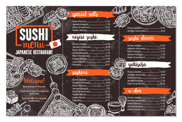 Sushi And Japanese Food Restaurant Menu In Sketch Hand Drawn Style On Chalkboard - obrazy, fototapety, plakaty