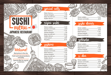 Sushi And Japanese Food Restaurant Menu In Sketch Hand Drawn Style