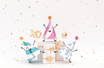 Happy Birthday greeting Characters, congratulation background with party hat friends. 3d rendering
