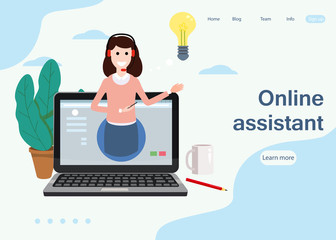 Concept Web page online assistant, customer and operator, call centre, online global technical support 24-7. Vector illustration female hotline operator advises client, virtual help service.