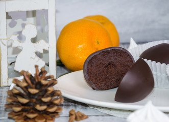 New year chocolate potato cake on wooden background