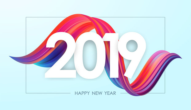 Happy New Year 2019. Greeting card with colorful abstract twisted acrylic paint stroke shape. Trendy design