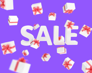 Sale word gift box flying banner 3d rendering