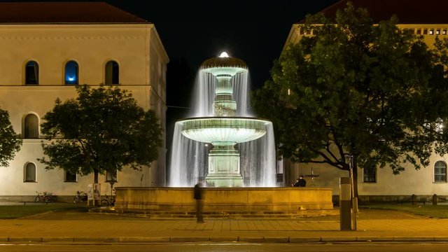 University fountain in Ludwigstrasse dedicated to Professor Kurt Huber, Munich, Germany. Night time lapse video.