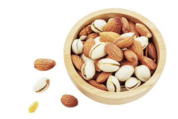 Almond in bowl on white background.