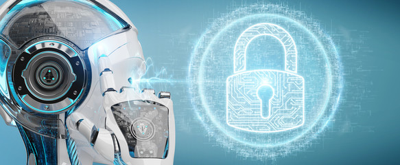 White cyborg woman protecting his datas with digital security hologram 3D rendering